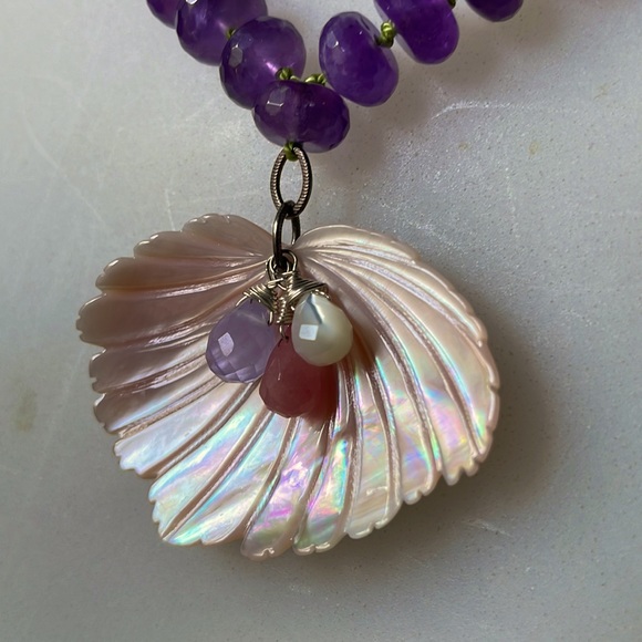 Artisan Made Amethyst and Mother of Pearl Necklace - Picture 2 of 5
